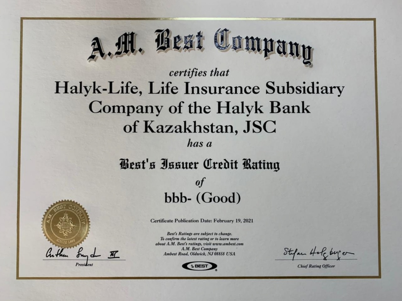 Am Best «Халық-Life» АҚ-ның қаржылық тұрақтылық рейтингісін және ұзақ мерзімді кредиттік рейтингісін растады